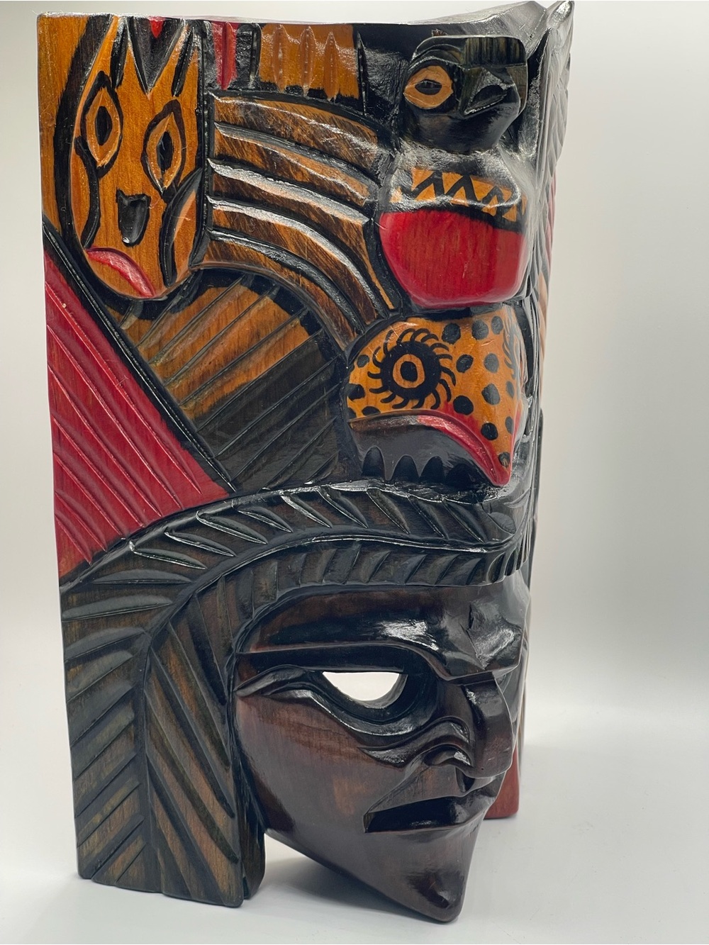 Vintage Stacked Imagery Wall Art Decor Multicolored Hand Carved Wood Tribal Mask